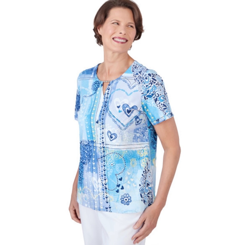 Alfred Dunner Blue Multi-Pattern Short Sleeve Top